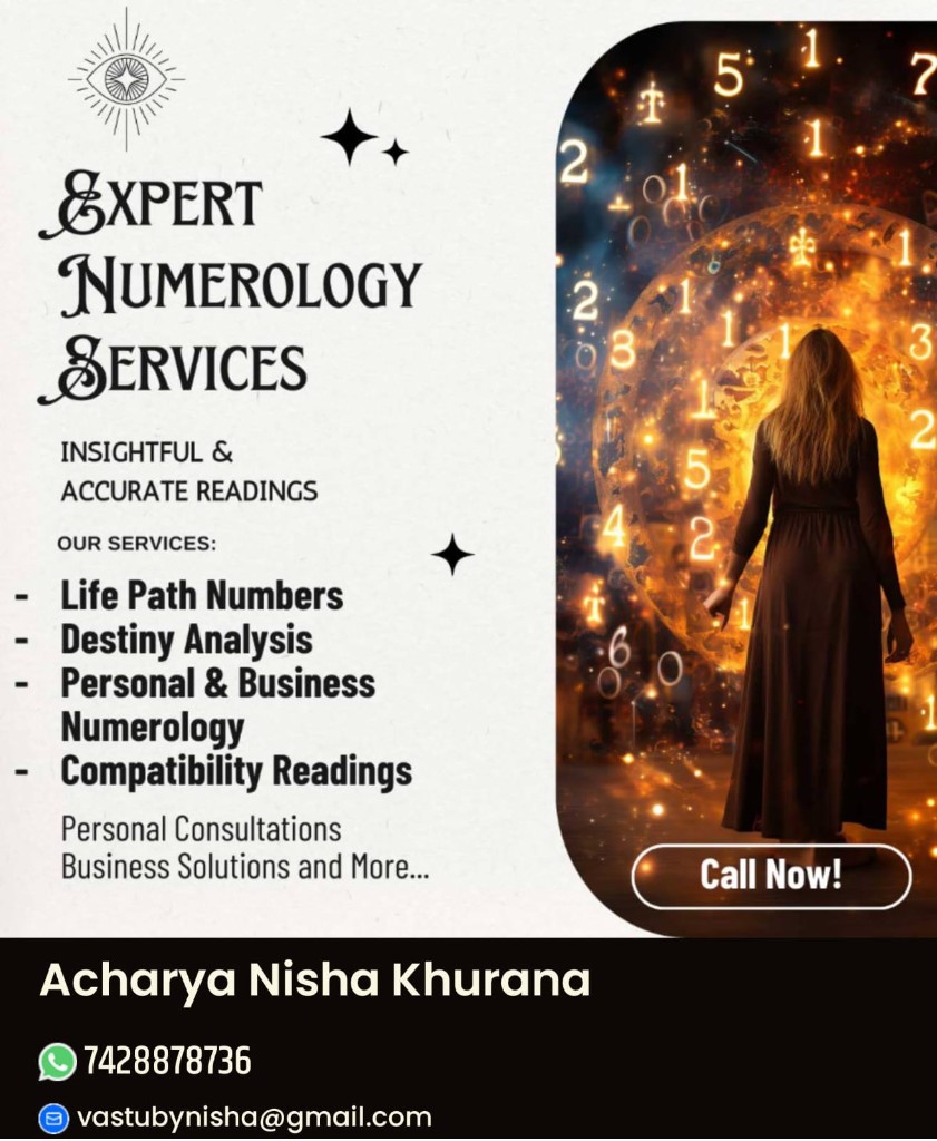 Expert Numerology Services by Acharya Nisha Khurana — name analysis and correction, business name correction, brand name selection, mobile number selection, house or flat number selection, and locker number selection.